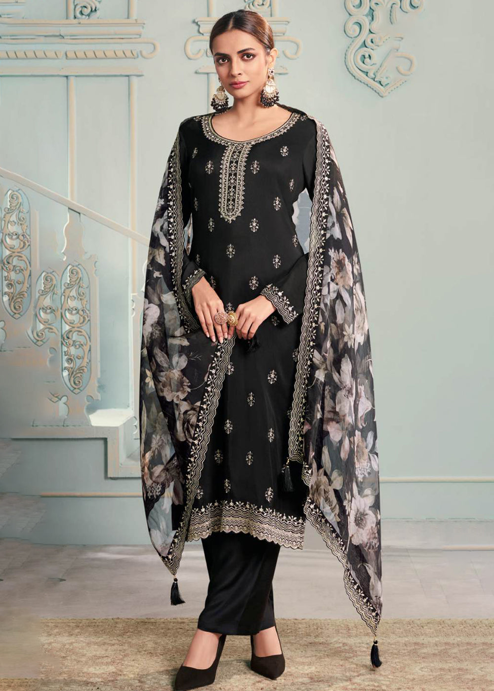 Buy Now Black Moonga Silk Embroidered Trendy Salwar Suit Online in USA, UK, Canada, Germany, Italy, France, Austria, UAE & Worldwide at Empress Clothing.