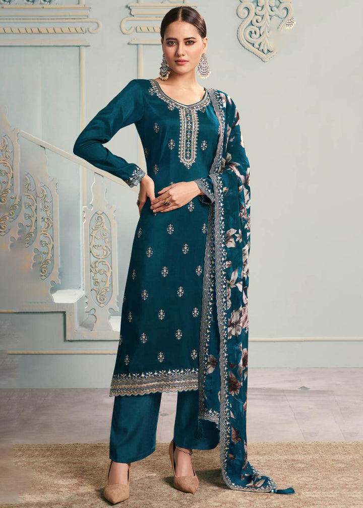 Buy Now Peacock Blue Moonga Silk Embroidered Trendy Salwar Suit Online in USA, UK, Canada, Germany, Italy, France, Austria, UAE & Worldwide at Empress Clothing.