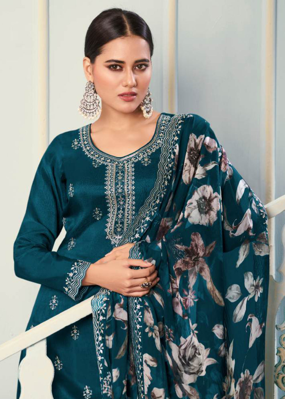 Buy Now Peacock Blue Moonga Silk Embroidered Trendy Salwar Suit Online in USA, UK, Canada, Germany, Italy, France, Austria, UAE & Worldwide at Empress Clothing.