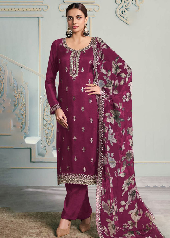 Buy Now Dark Magenta Moonga Silk Embroidered Trendy Salwar Suit Online in USA, UK, Canada, Germany, Italy, France, Austria, UAE & Worldwide at Empress Clothing.
