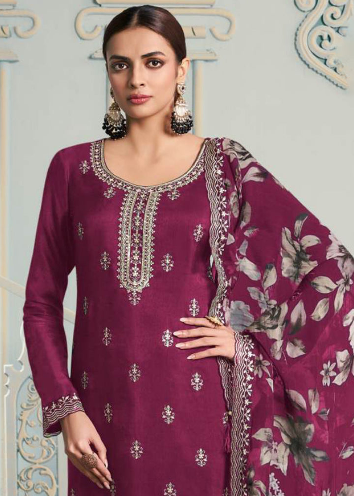 Buy Now Dark Magenta Moonga Silk Embroidered Trendy Salwar Suit Online in USA, UK, Canada, Germany, Italy, France, Austria, UAE & Worldwide at Empress Clothing.