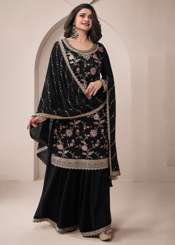 Shop Now Floral Embroidered Black Wedding Festive Sharara Suit Online in USA, UK, Canada, France, Germany, Italy, UAE & Worldwide at Empress Clothing.