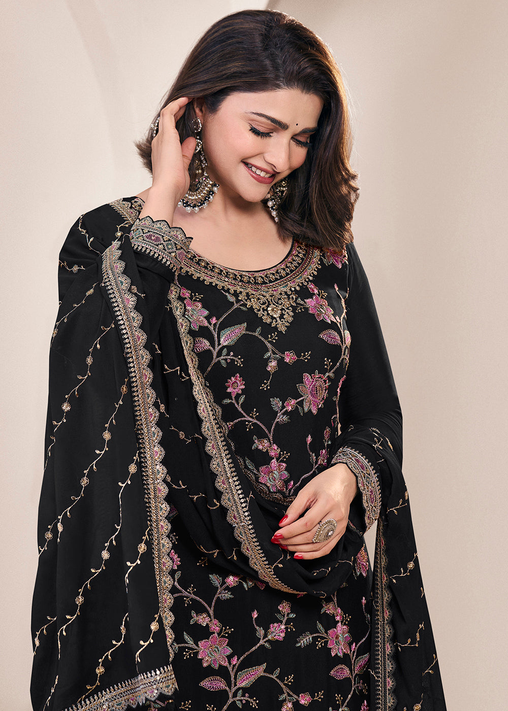 Shop Now Floral Embroidered Black Wedding Festive Sharara Suit Online in USA, UK, Canada, France, Germany, Italy, UAE & Worldwide at Empress Clothing.