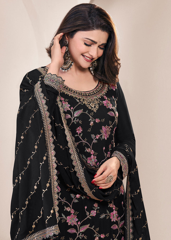 Shop Now Floral Embroidered Black Wedding Festive Sharara Suit Online in USA, UK, Canada, France, Germany, Italy, UAE & Worldwide at Empress Clothing.