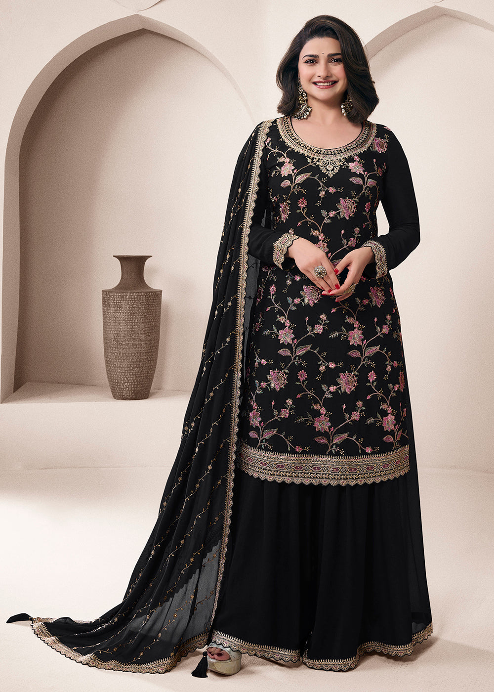 Shop Now Floral Embroidered Black Wedding Festive Sharara Suit Online in USA, UK, Canada, France, Germany, Italy, UAE & Worldwide at Empress Clothing.