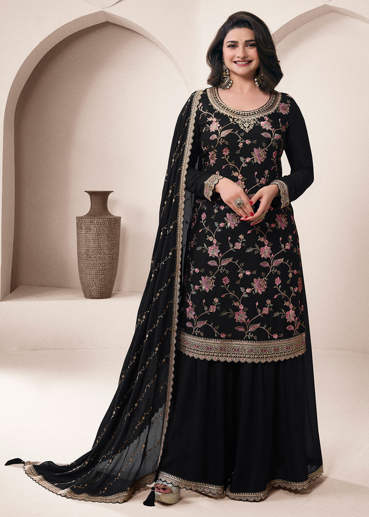 Shop Now Floral Embroidered Black Wedding Festive Sharara Suit Online in USA, UK, Canada, France, Germany, Italy, UAE & Worldwide at Empress Clothing.