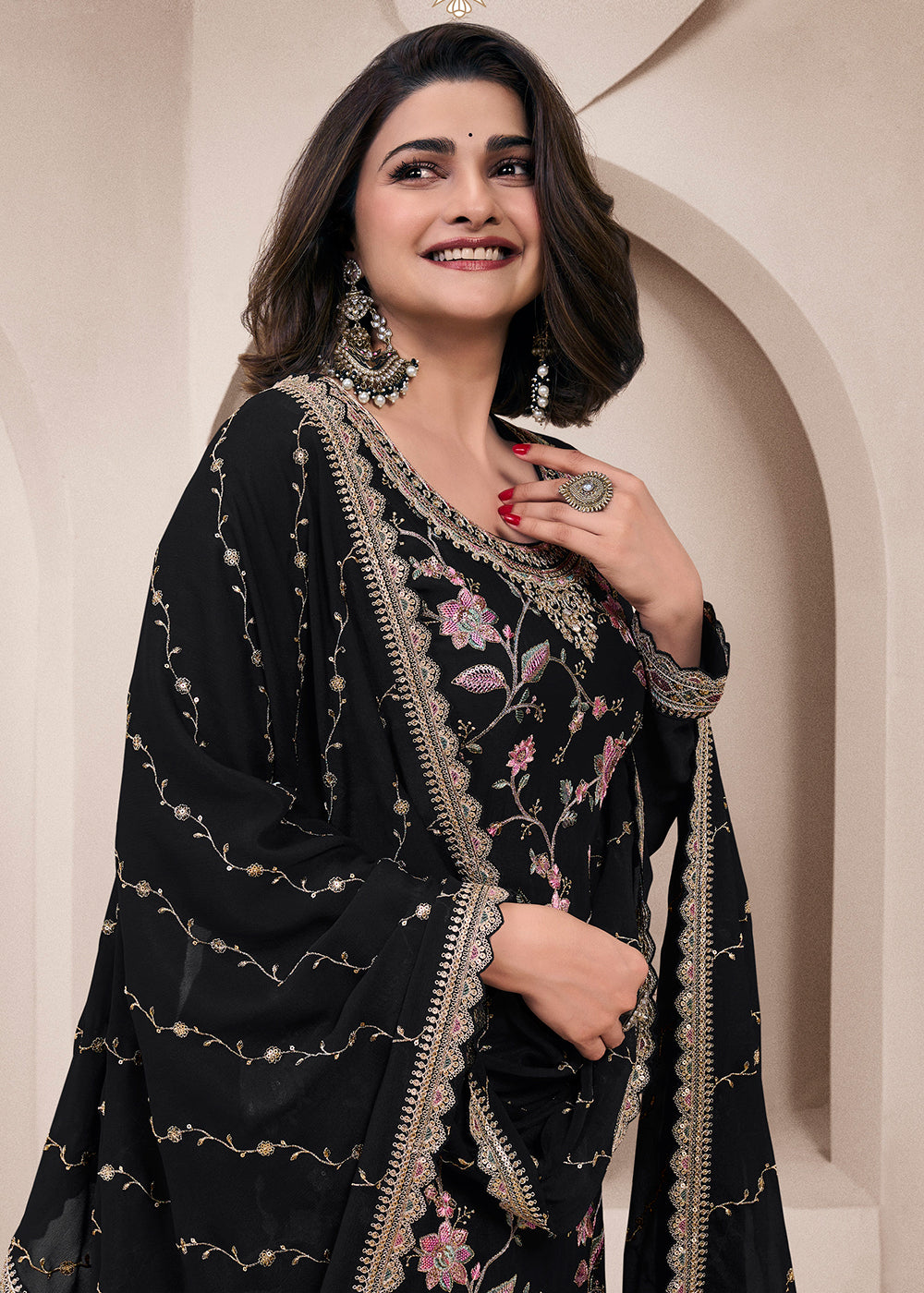 Shop Now Floral Embroidered Black Wedding Festive Sharara Suit Online in USA, UK, Canada, France, Germany, Italy, UAE & Worldwide at Empress Clothing.