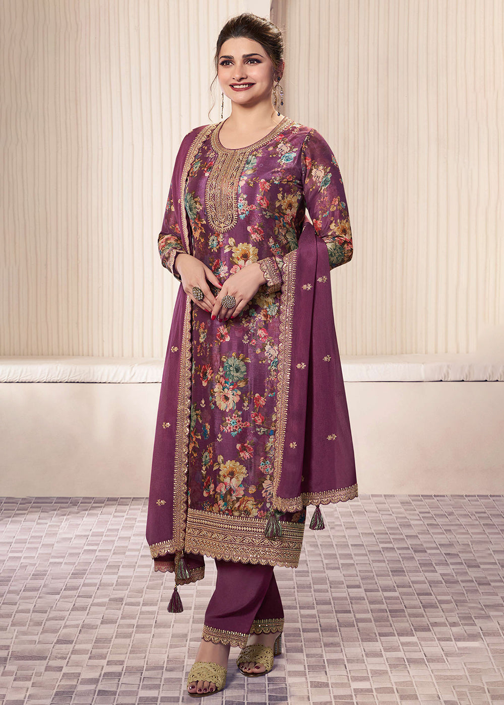 Buy Now Purple Digital Printed Chinnon Pakistani Style Suit Online in USA, UK, Canada, Germany, Italy & Worldwide at Empress Clothing. 