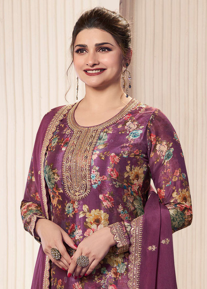 Buy Now Purple Digital Printed Chinnon Pakistani Style Suit Online in USA, UK, Canada, Germany, Italy & Worldwide at Empress Clothing. 