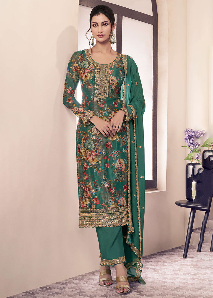 Buy Now Green Digital Printed Chinnon Pakistani Style Suit Online in USA, UK, Canada, Germany, Italy & Worldwide at Empress Clothing.