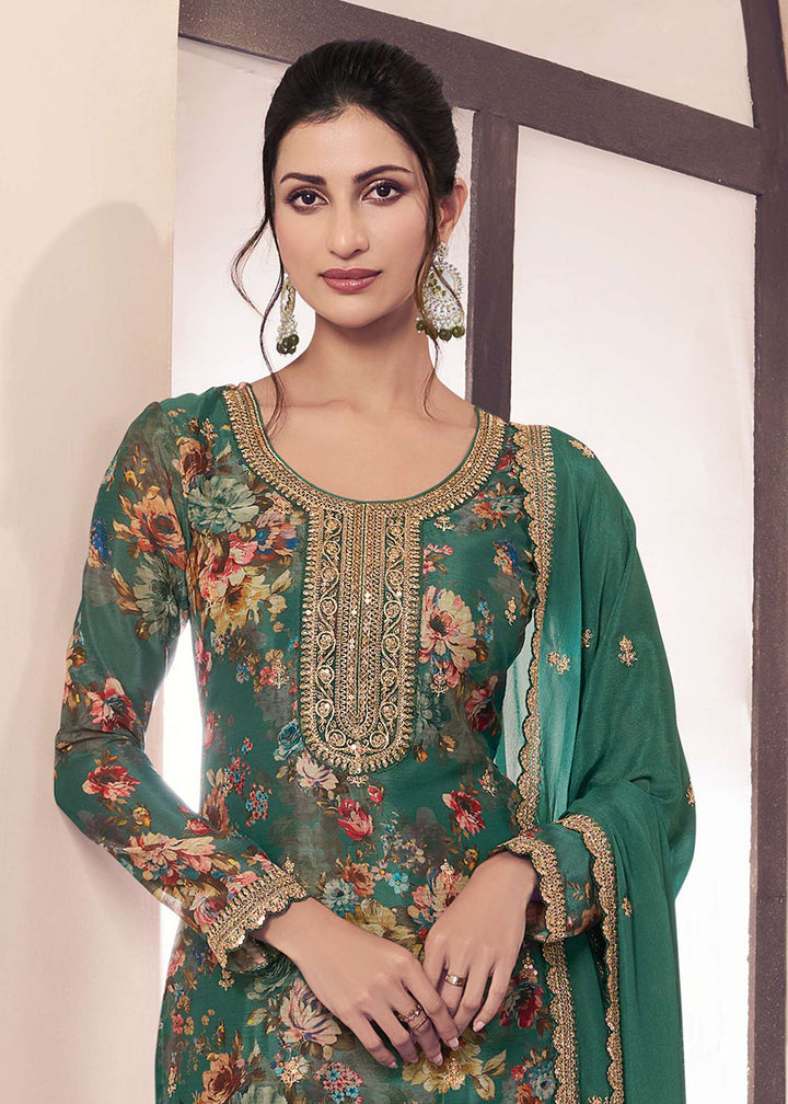 Buy Now Green Digital Printed Chinnon Pakistani Style Suit Online in USA, UK, Canada, Germany, Italy & Worldwide at Empress Clothing.