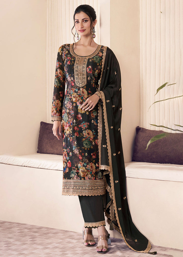 Buy Now Black Digital Printed Chinnon Pakistani Style Suit Online in USA, UK, Canada, Germany, Italy & Worldwide at Empress Clothing.