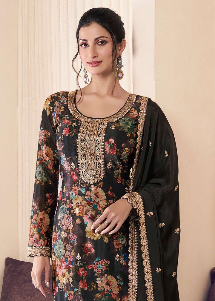 Buy Now Black Digital Printed Chinnon Pakistani Style Suit Online in USA, UK, Canada, Germany, Italy & Worldwide at Empress Clothing.