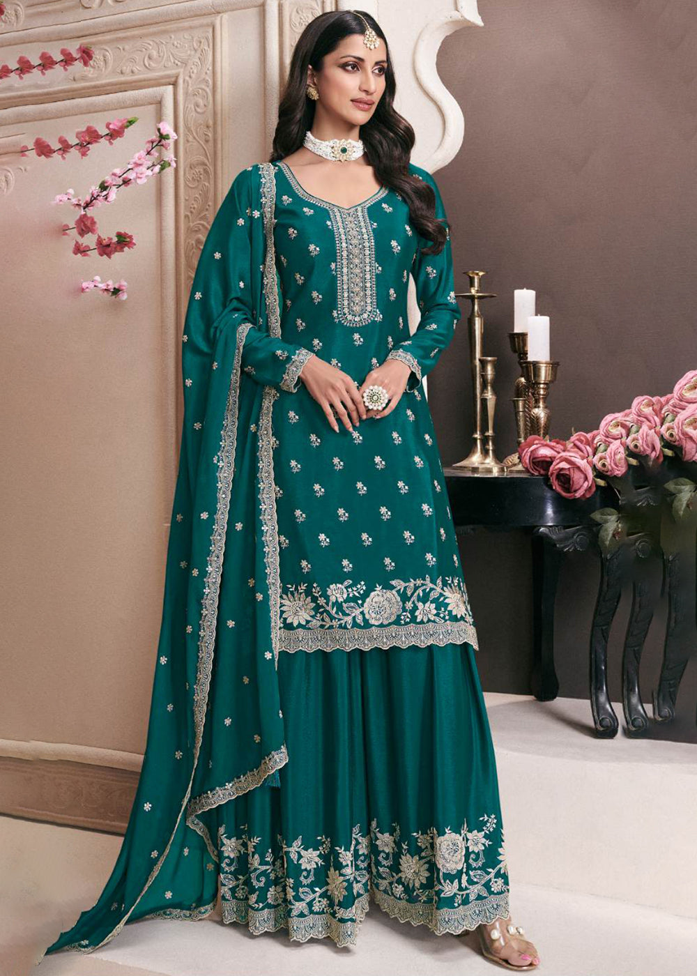 Shop Now Teal Designer Thread Embroidered Wedding Sharara Suit Online at Empress Clothing in USA, UK, Canada, Germany, Italy, UAE & Worldwide.