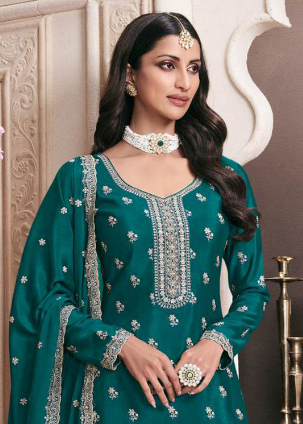 Shop Now Teal Designer Thread Embroidered Wedding Sharara Suit Online at Empress Clothing in USA, UK, Canada, Germany, Italy, UAE & Worldwide.