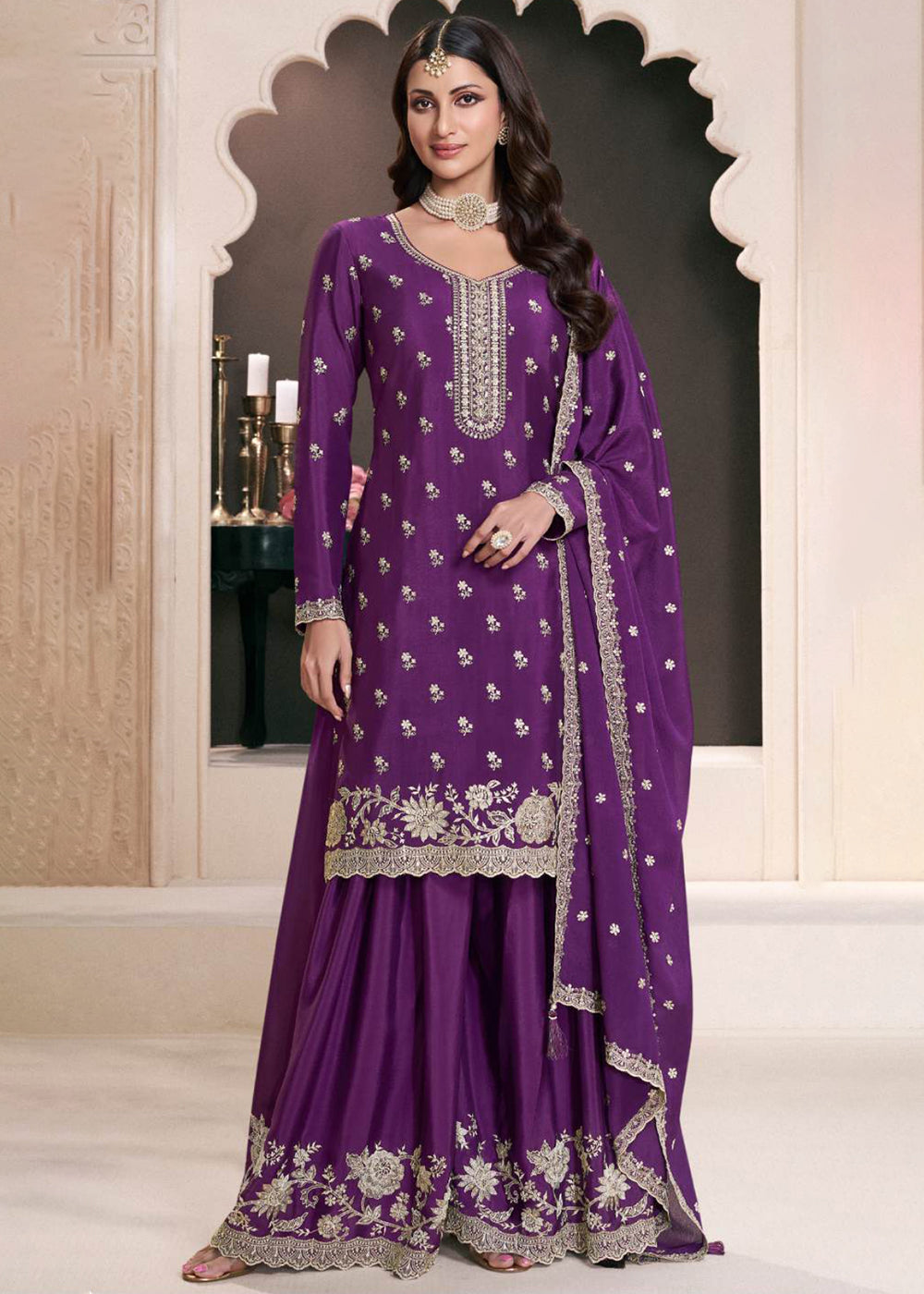 Shop Now Purple Designer Thread Embroidered Wedding Sharara Suit Online at Empress Clothing in USA, UK, Canada, Germany, Italy, UAE & Worldwide. 