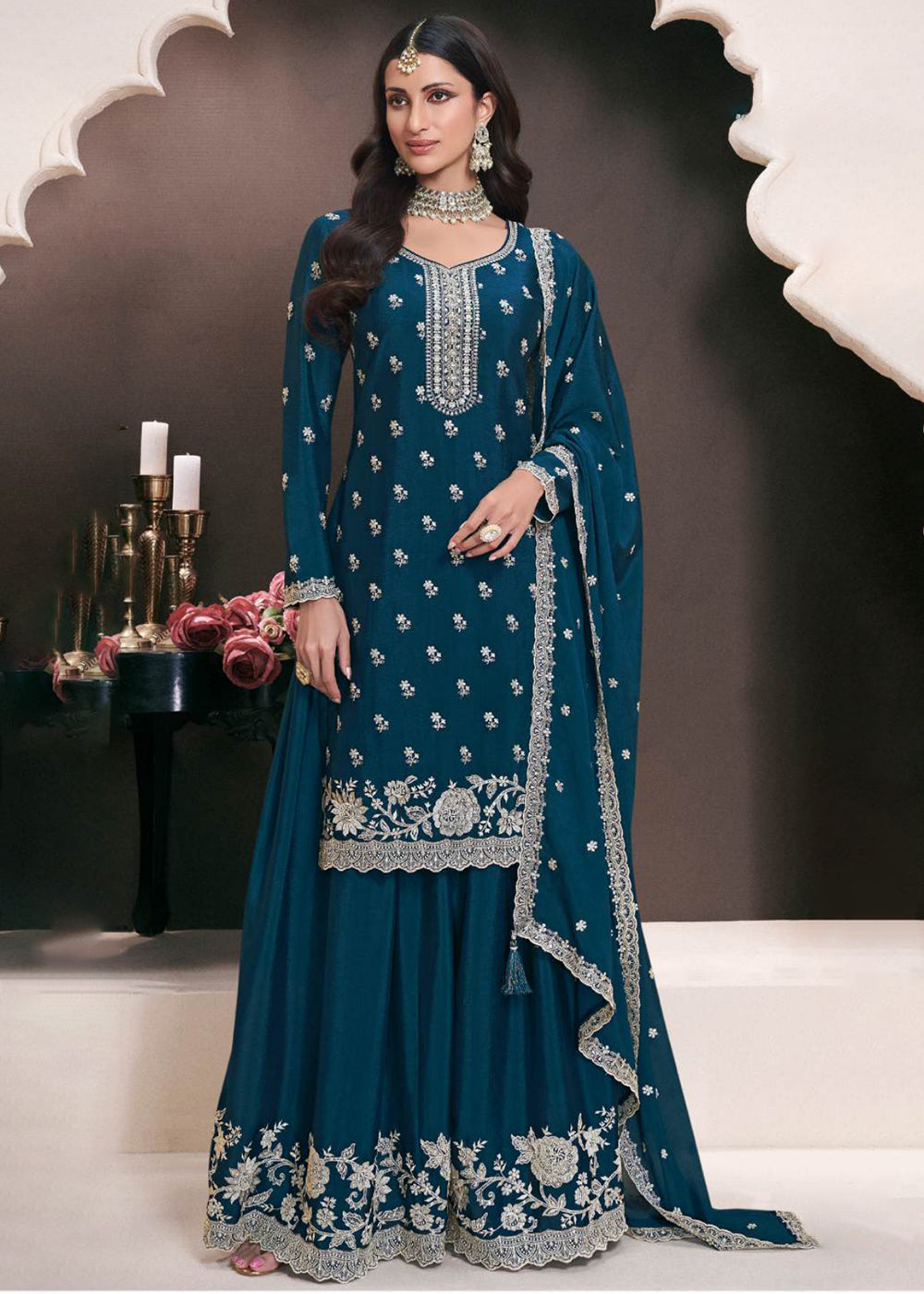 Shop Now Blue Designer Thread Embroidered Wedding Sharara Suit Online at Empress Clothing in USA, UK, Canada, Germany, Italy, UAE & Worldwide.