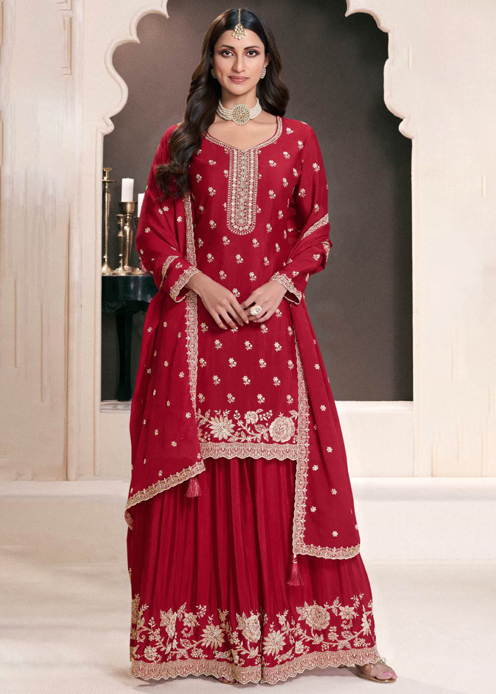 Shop Now Red Designer Thread Embroidered Wedding Sharara Suit Online at Empress Clothing in USA, UK, Canada, Germany, Italy, UAE & Worldwide. 