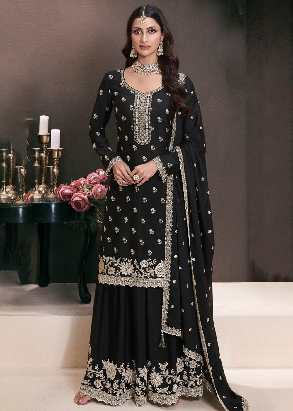 Shop Now Black Designer Thread Embroidered Wedding Sharara Suit Online at Empress Clothing in USA, UK, Canada, Germany, Italy, UAE & Worldwide.