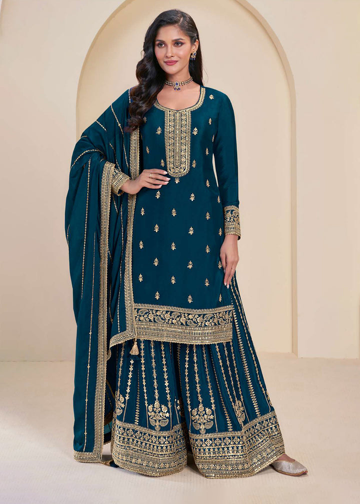 Shop Now Prussian Blue Embroidered Chinnon Sharara Style Suit Online at Empress Clothing in USA, UK, Canada, Germany, UAE & Worldwide. 