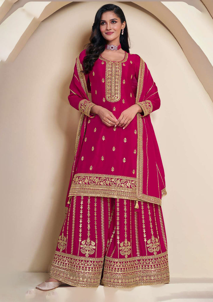 Shop Now Hot Pink Embroidered Chinnon Sharara Style Suit Online at Empress Clothing in USA, UK, Canada, Germany, UAE & Worldwide.