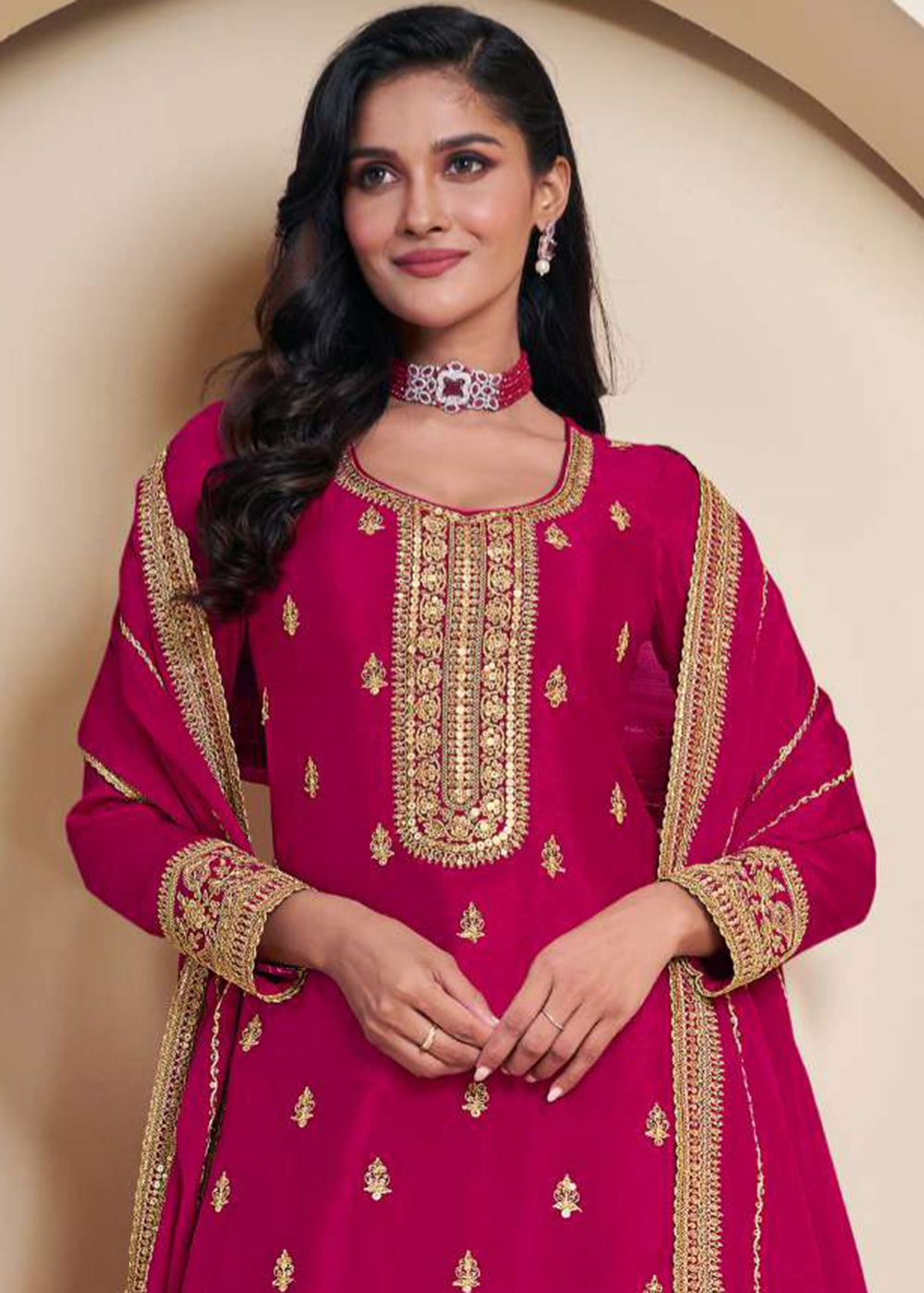 Shop Now Hot Pink Embroidered Chinnon Sharara Style Suit Online at Empress Clothing in USA, UK, Canada, Germany, UAE & Worldwide.