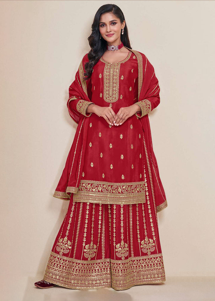 Shop Now Hot Red Embroidered Chinnon Sharara Style Suit Online at Empress Clothing in USA, UK, Canada, Germany, UAE & Worldwide. 