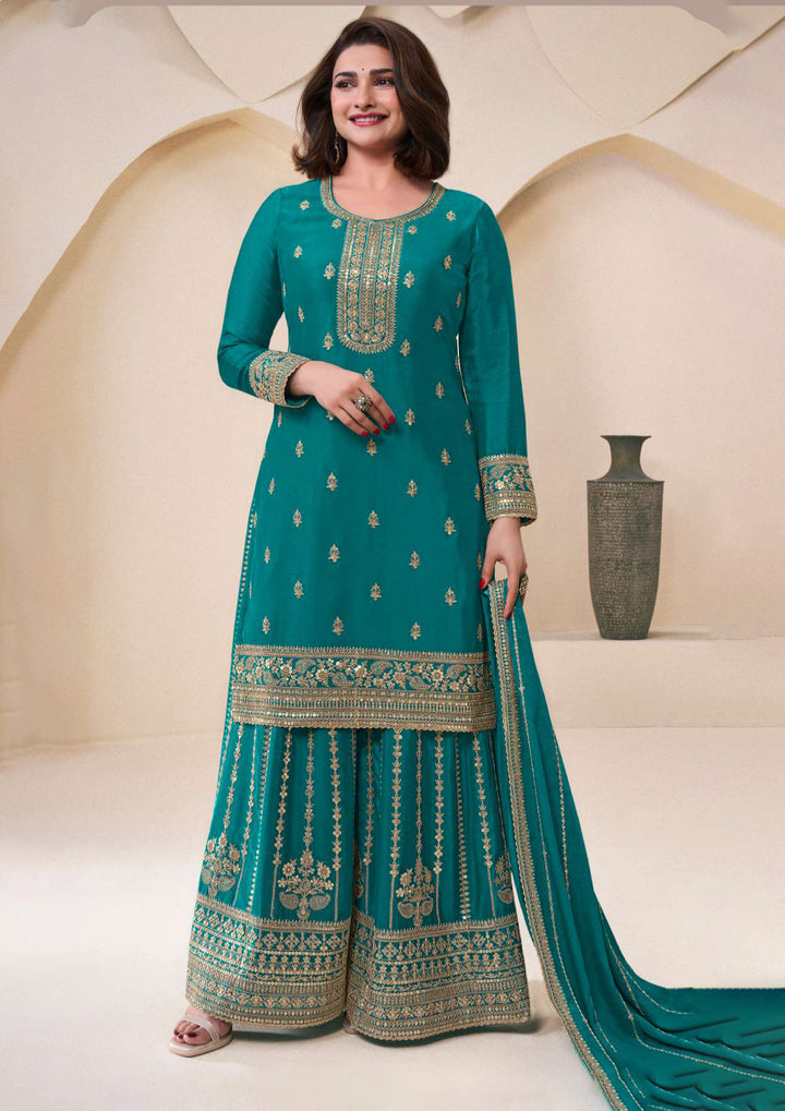 Shop Now Teal Blue Embroidered Chinnon Sharara Style Suit Online at Empress Clothing in USA, UK, Canada, Germany, UAE & Worldwide.