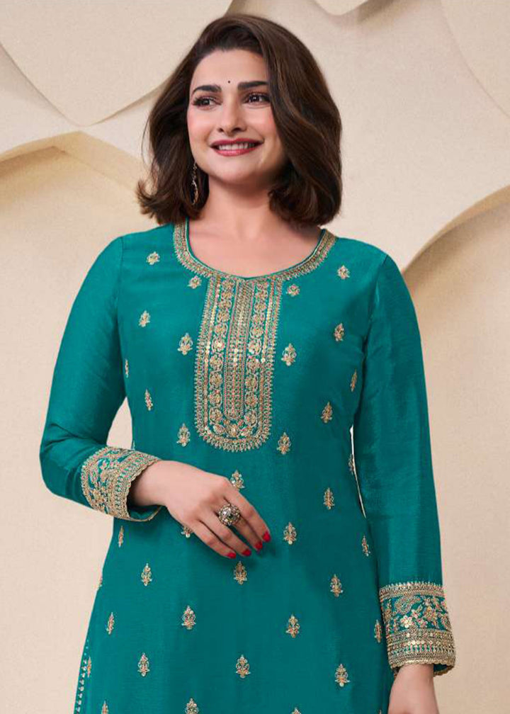 Shop Now Teal Blue Embroidered Chinnon Sharara Style Suit Online at Empress Clothing in USA, UK, Canada, Germany, UAE & Worldwide.