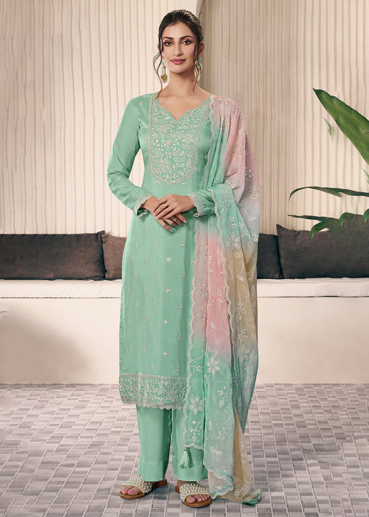 Buy Now Ice Mint Threads Work Moonga Silk Pant Salwar Suit Online in USA, UK, Canada, Germany, Italy, France, Austria, UAE & Worldwide at Empress Clothing.