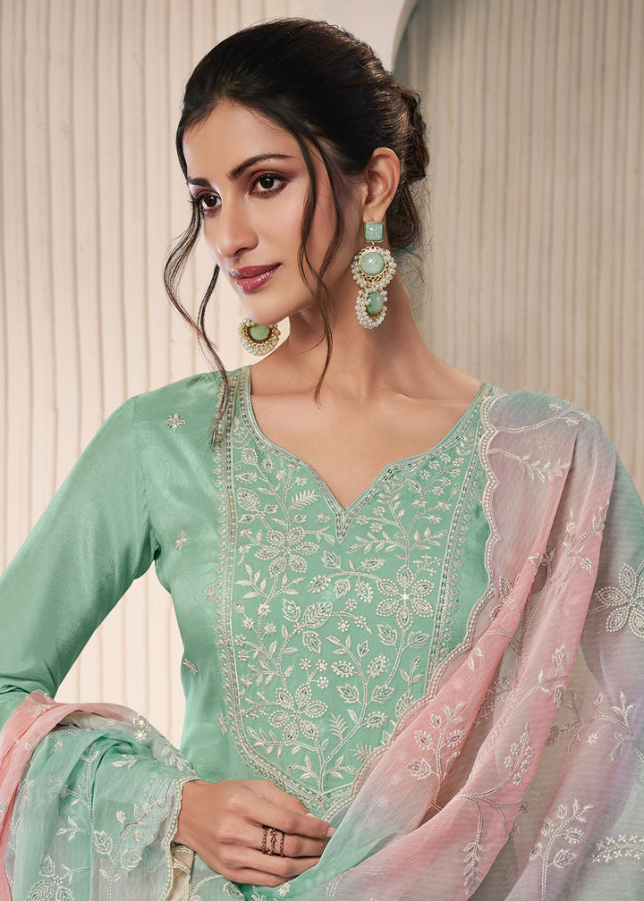 Buy Now Ice Mint Threads Work Moonga Silk Pant Salwar Suit Online in USA, UK, Canada, Germany, Italy, France, Austria, UAE & Worldwide at Empress Clothing.
