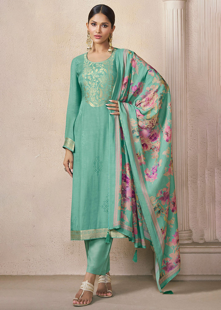 Buy Now Muslin Silk Green Weaving Festive Salwar Suit Online in US, UK, Canada, Germany, Italy, France, Australia, Norway, UAE & Worldwide at Empress Clothing.