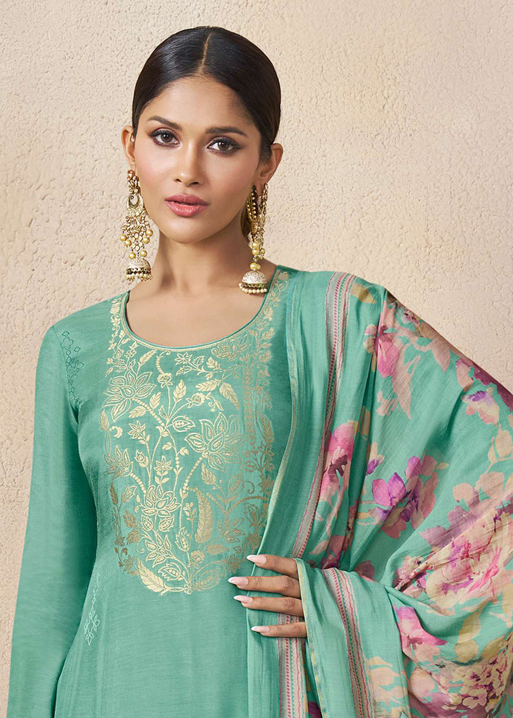 Buy Now Muslin Silk Green Weaving Festive Salwar Suit Online in US, UK, Canada, Germany, Italy, France, Australia, Norway, UAE & Worldwide at Empress Clothing.