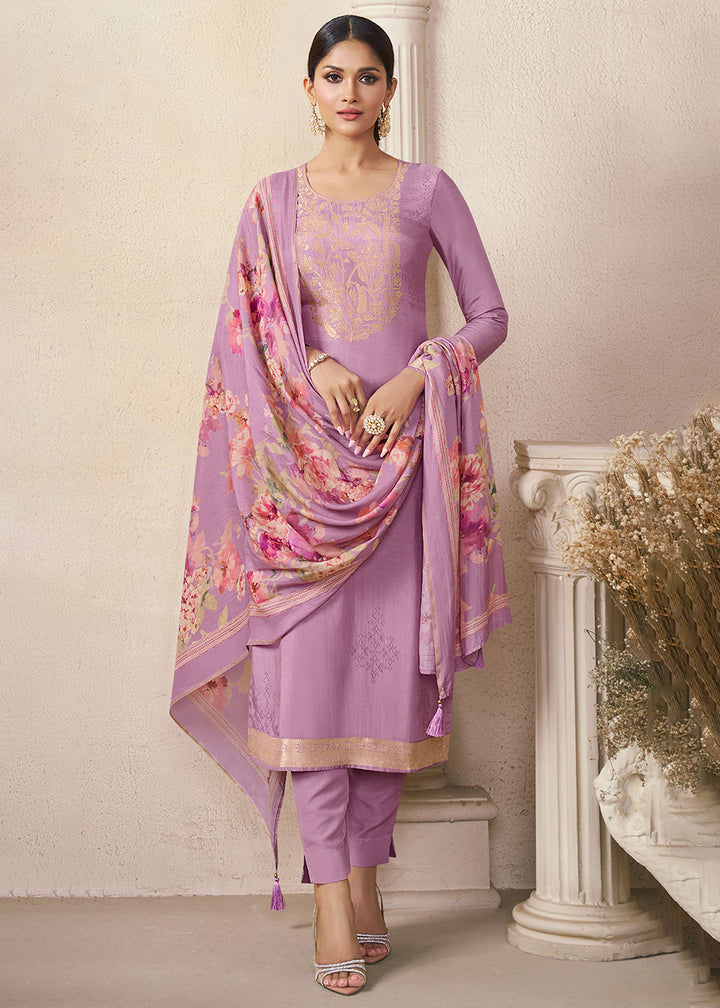 Buy Now Muslin Silk Lilac Weaving Festive Salwar Suit Online in US, UK, Canada, Germany, Italy, France, Australia, Norway, UAE & Worldwide at Empress Clothing.
