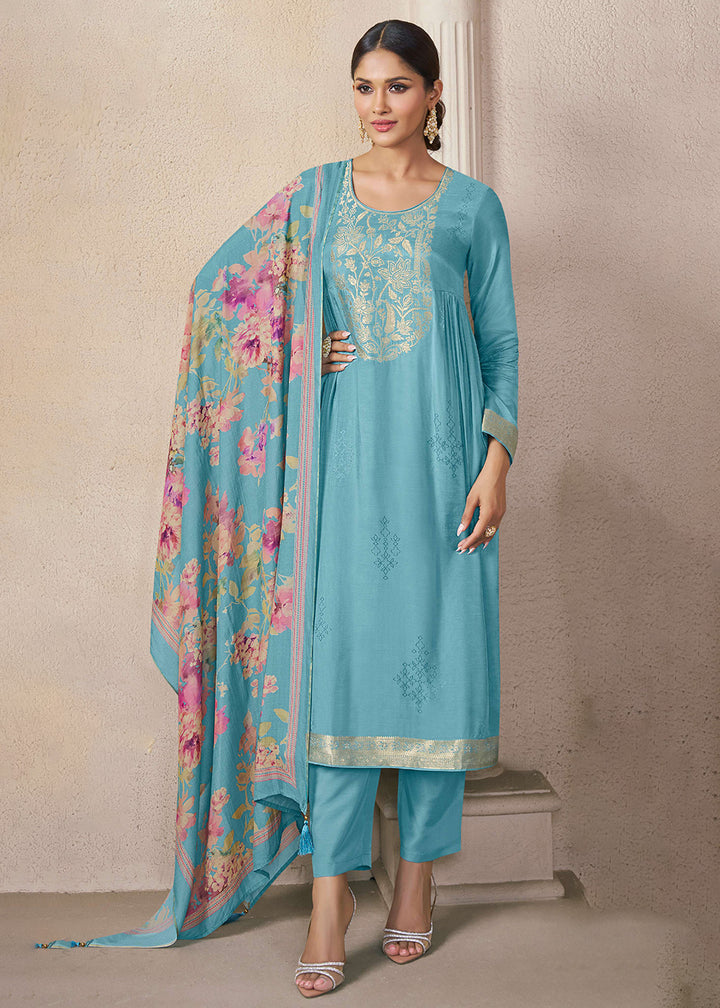Buy Now Muslin Silk Aqua Weaving Festive Salwar Suit Online in US, UK, Canada, Germany, Italy, France, Australia, Norway, UAE & Worldwide at Empress Clothing.