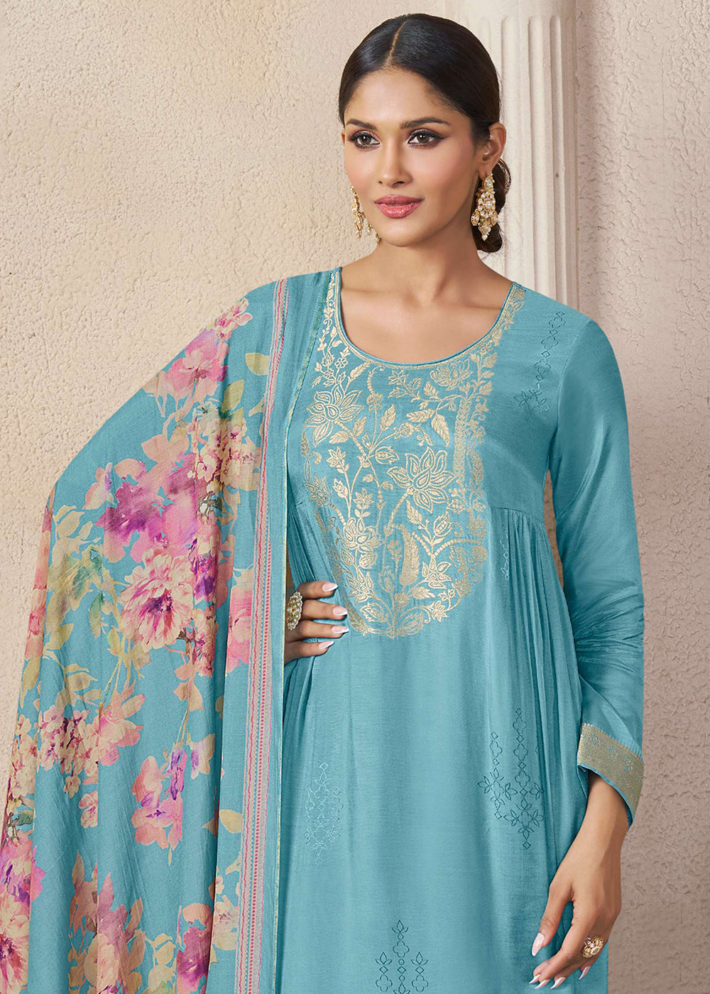 Buy Now Muslin Silk Aqua Weaving Festive Salwar Suit Online in US, UK, Canada, Germany, Italy, France, Australia, Norway, UAE & Worldwide at Empress Clothing.