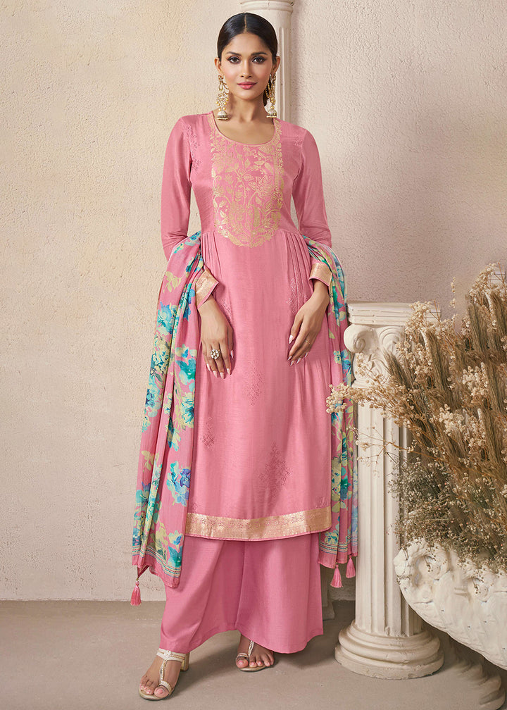 Buy Now Muslin Silk Pink Weaving Festive Salwar Suit Online in US, UK, Canada, Germany, Italy, France, Australia, Norway, UAE & Worldwide at Empress Clothing.