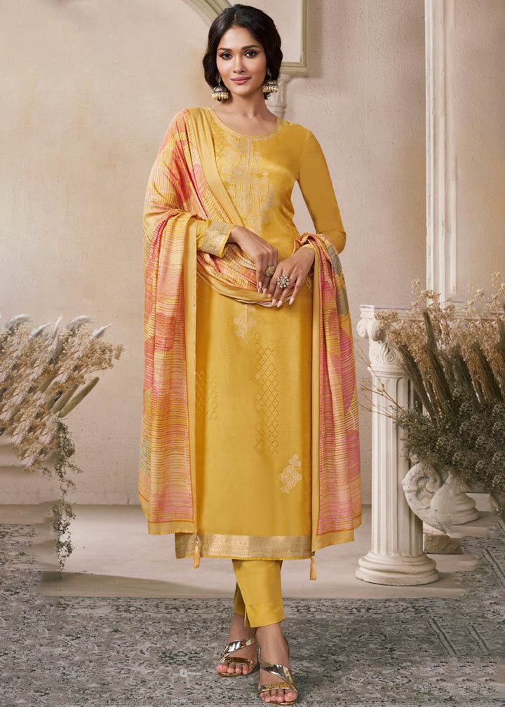 Buy Now Self Weaved Muslin Yellow Festive Salwar Kameez Online in Newark, Miami, Toronto, London, Bayern, Austin, Denver, New York, Dubai & Worldwide at Empress.