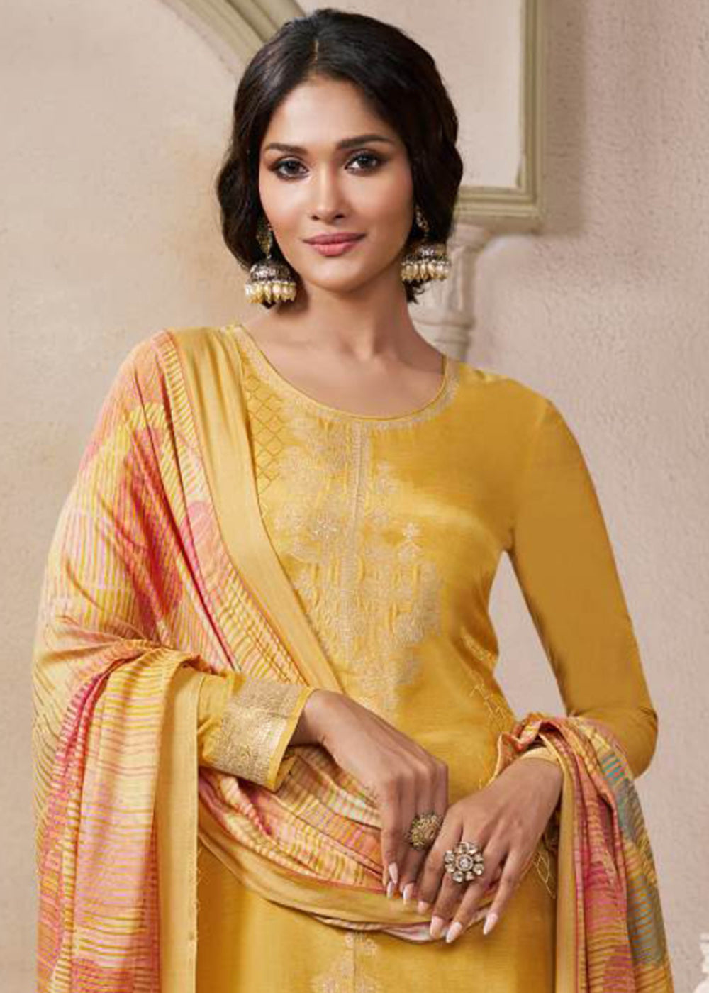 Buy Now Self Weaved Muslin Yellow Festive Salwar Kameez Online in Newark, Miami, Toronto, London, Bayern, Austin, Denver, New York, Dubai & Worldwide at Empress.