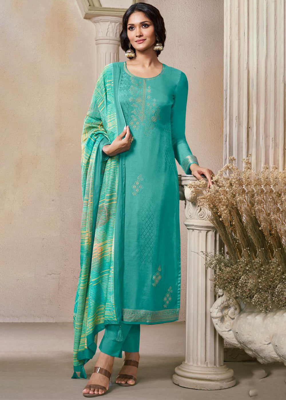 Buy Now Self Weaved Muslin Aqua Festive Salwar Kameez Online in Newark, Miami, Toronto, London, Bayern, Austin, Denver, New York, Dubai & Worldwide at Empress.