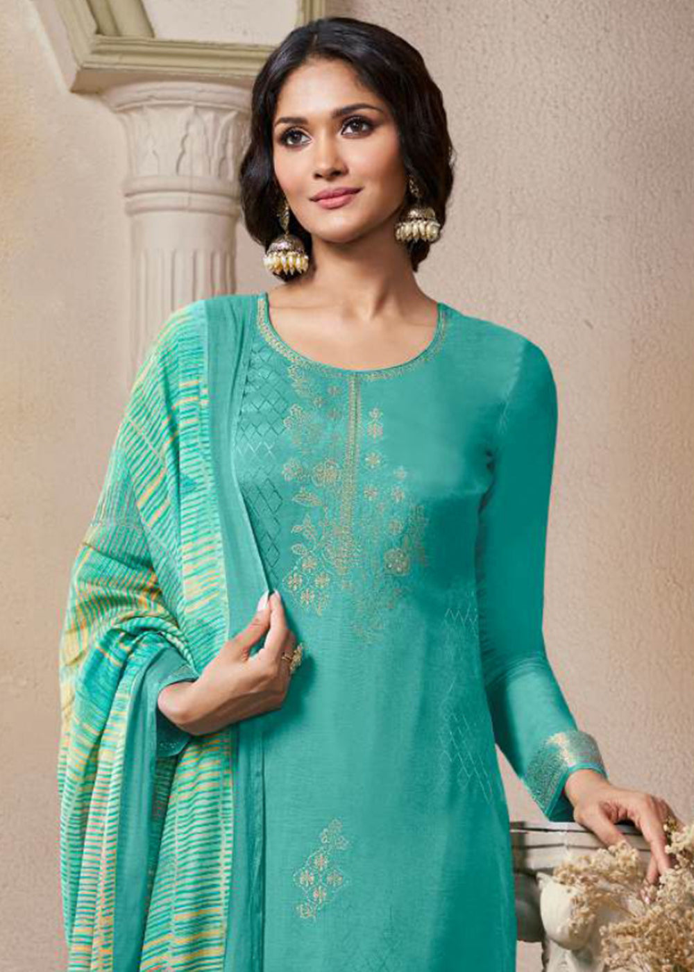 Buy Now Self Weaved Muslin Aqua Festive Salwar Kameez Online in Newark, Miami, Toronto, London, Bayern, Austin, Denver, New York, Dubai & Worldwide at Empress.