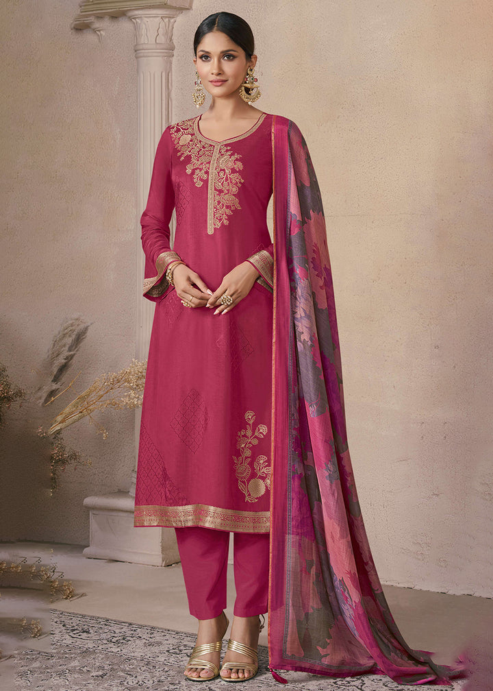 Buy Now Delightful Pink Muslin Silk Pant Style Salwar Suit Online in US, UK, Canada, Germany, Italy, France, Austria, Australia, Denmark & Worldwide at Empress.