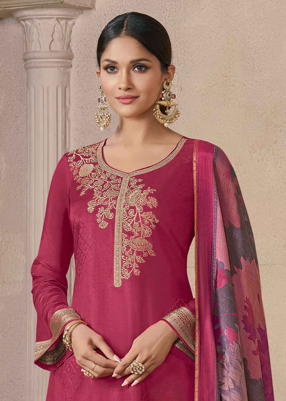 Buy Now Delightful Pink Muslin Silk Pant Style Salwar Suit Online in US, UK, Canada, Germany, Italy, France, Austria, Australia, Denmark & Worldwide at Empress.