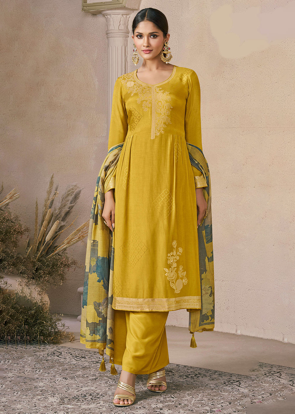 Buy Now Delightful Yellow Muslin Silk Pant Style Salwar Suit Online in US, UK, Canada, Germany, Italy, France, Australia, Denmark & Worldwide at Empress.