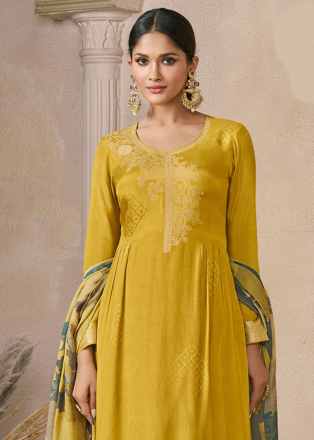 Buy Now Delightful Yellow Muslin Silk Pant Style Salwar Suit Online in US, UK, Canada, Germany, Italy, France, Australia, Denmark & Worldwide at Empress.