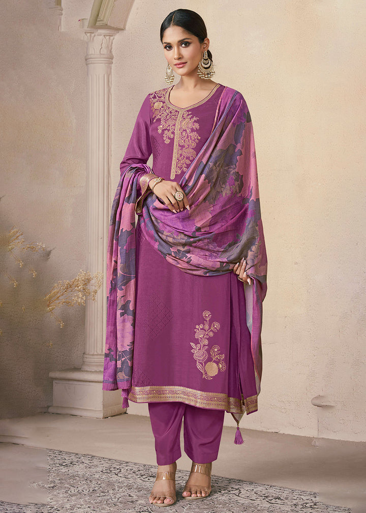 Buy Now Delightful Purple Muslin Silk Pant Style Salwar Suit Online in US, UK, Canada, Germany, Italy, France, Australia, Denmark & Worldwide at Empress.