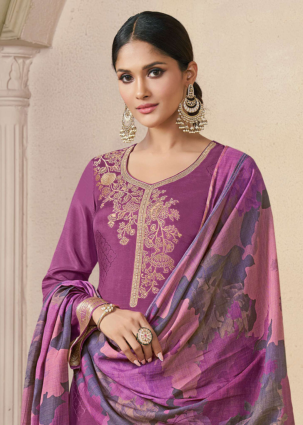 Buy Now Delightful Purple Muslin Silk Pant Style Salwar Suit Online in US, UK, Canada, Germany, Italy, France, Australia, Denmark & Worldwide at Empress.
