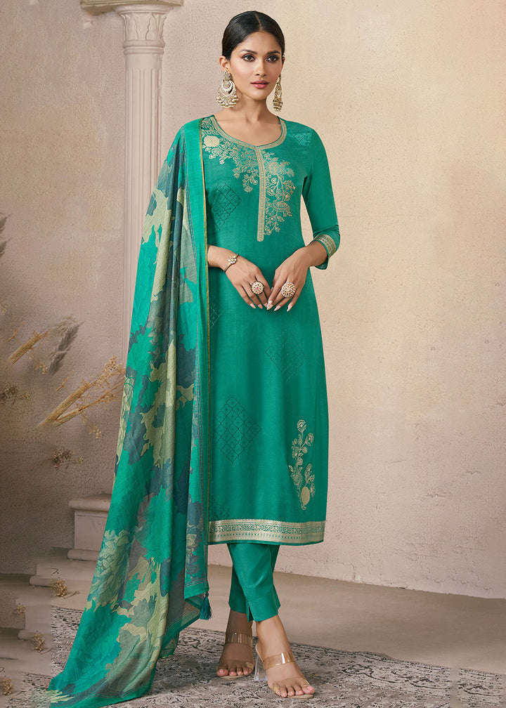 Buy Now Delightful Green Muslin Silk Pant Style Salwar Suit Online in US, UK, Canada, Germany, Italy, France, Australia, Denmark & Worldwide at Empress.