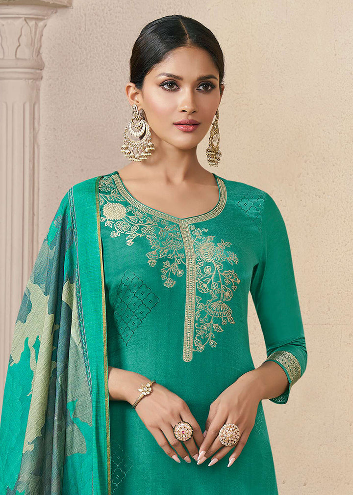 Buy Now Delightful Green Muslin Silk Pant Style Salwar Suit Online in US, UK, Canada, Germany, Italy, France, Australia, Denmark & Worldwide at Empress.