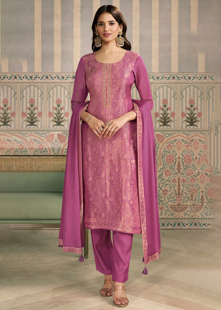 Buy Now Purple Shimmer Jacquard Handwork Salwar Suit Online in US, UK, Canada, Germany, Italy, France, Australia, Norway, UAE & Worldwide at Empress Clothing.